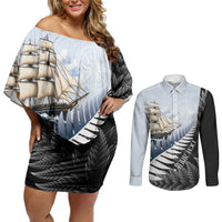 Personalised New Zealand Pakeha Couples Matching Off Shoulder Short Dress and Long Sleeve Button Shirt Kiwi Silver Fern and Sailing Ship Compass LT14 Blue - Polynesian Pride