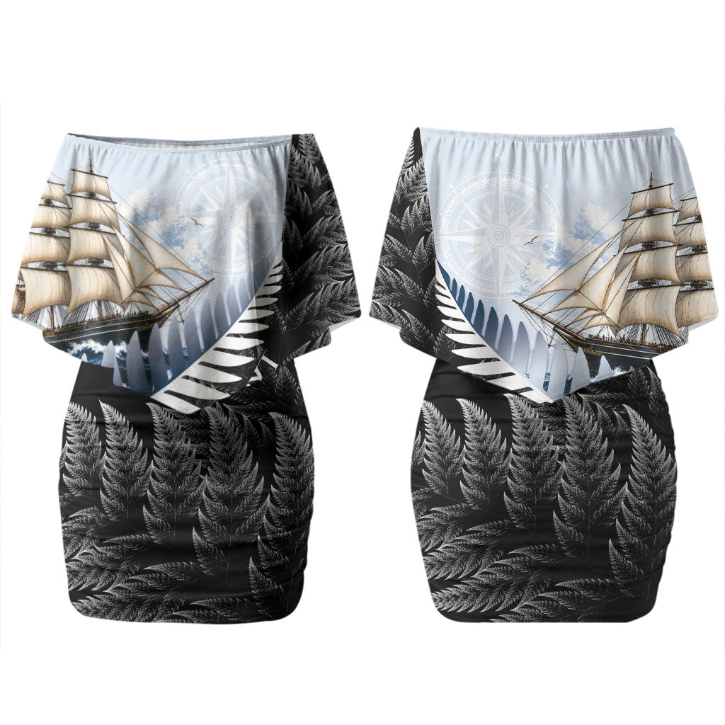 Personalised New Zealand Pakeha Couples Matching Off Shoulder Short Dress and Long Sleeve Button Shirt Kiwi Silver Fern and Sailing Ship Compass LT14 - Polynesian Pride