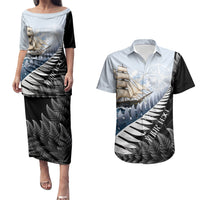 Personalised New Zealand Pakeha Couples Matching Puletasi and Hawaiian Shirt Kiwi Silver Fern and Sailing Ship Compass LT14 Blue - Polynesian Pride
