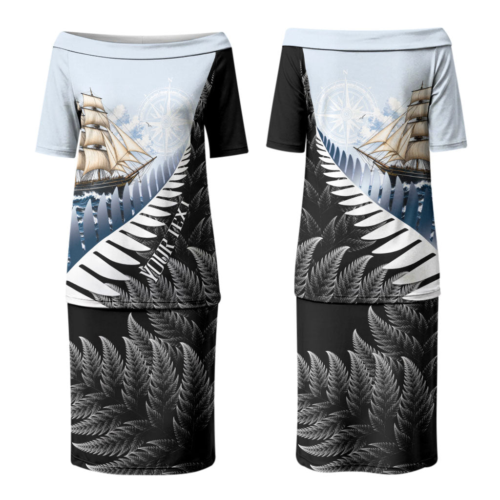 Personalised New Zealand Pakeha Couples Matching Puletasi and Hawaiian Shirt Kiwi Silver Fern and Sailing Ship Compass LT14 - Polynesian Pride