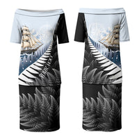 Personalised New Zealand Pakeha Couples Matching Puletasi and Long Sleeve Button Shirt Kiwi Silver Fern and Sailing Ship Compass LT14 - Polynesian Pride