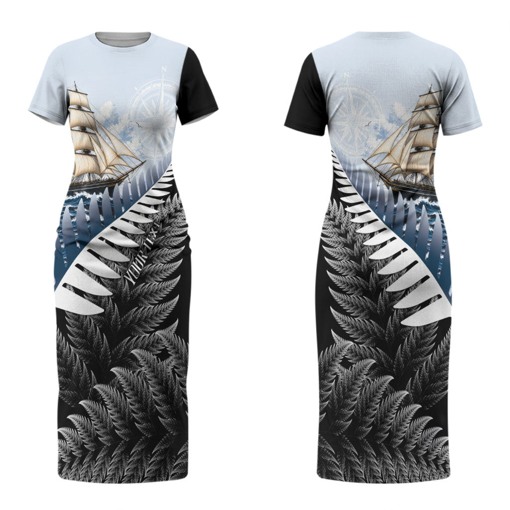 Personalised New Zealand Pakeha Couples Matching Short Sleeve Bodycon Dress and Long Sleeve Button Shirt Kiwi Silver Fern and Sailing Ship Compass LT14 - Polynesian Pride