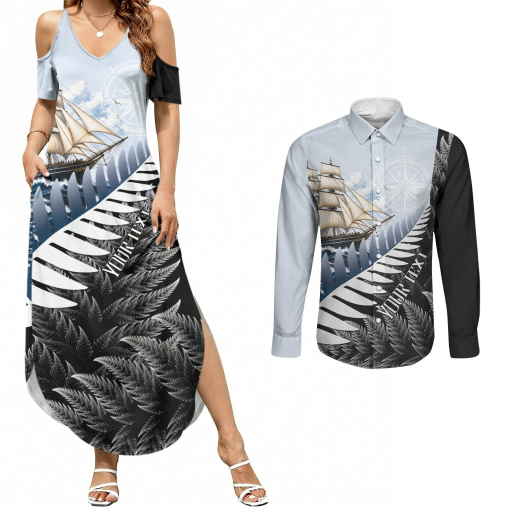 Personalised New Zealand Pakeha Couples Matching Summer Maxi Dress and Long Sleeve Button Shirt Kiwi Silver Fern and Sailing Ship Compass LT14 Blue - Polynesian Pride