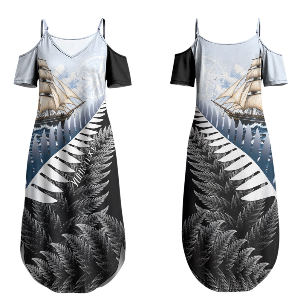 Personalised New Zealand Pakeha Couples Matching Summer Maxi Dress and Long Sleeve Button Shirt Kiwi Silver Fern and Sailing Ship Compass LT14 - Polynesian Pride