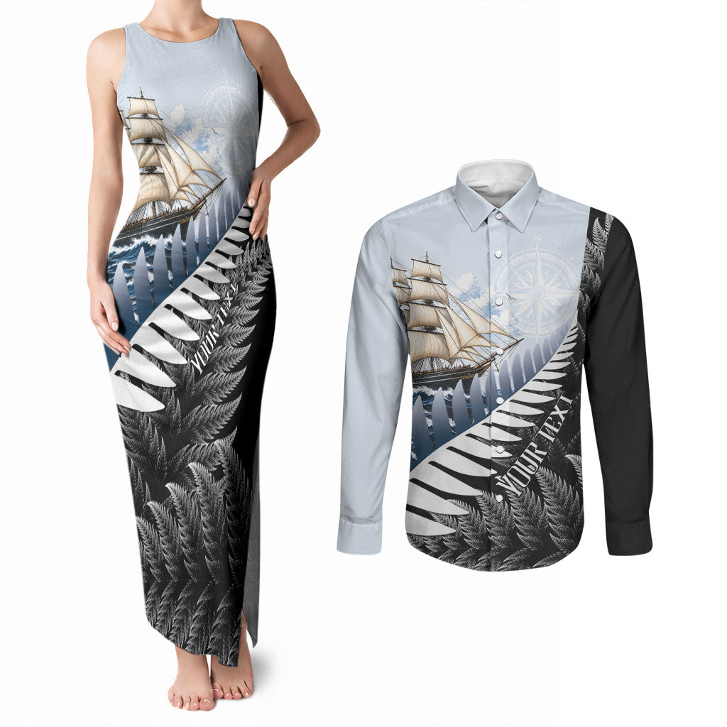 Personalised New Zealand Pakeha Couples Matching Tank Maxi Dress and Long Sleeve Button Shirt Kiwi Silver Fern and Sailing Ship Compass LT14 Blue - Polynesian Pride