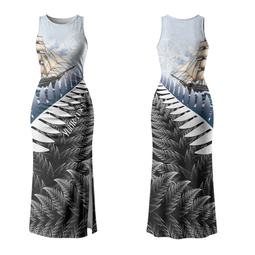 Personalised New Zealand Pakeha Couples Matching Tank Maxi Dress and Long Sleeve Button Shirt Kiwi Silver Fern and Sailing Ship Compass LT14 - Polynesian Pride
