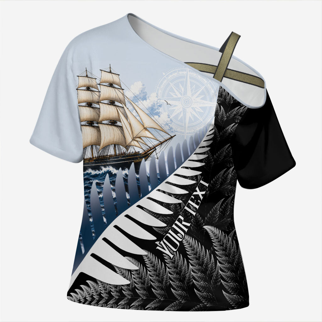Personalised New Zealand Pakeha Cross Shoulder Shirt Kiwi Silver Fern and Sailing Ship Compass LT14 Female Blue - Polynesian Pride