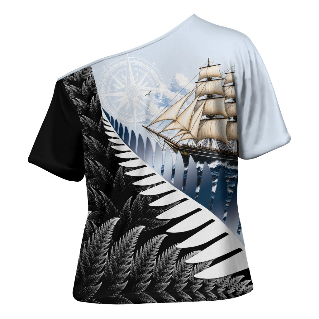 Personalised New Zealand Pakeha Cross Shoulder Shirt Kiwi Silver Fern and Sailing Ship Compass LT14 - Polynesian Pride