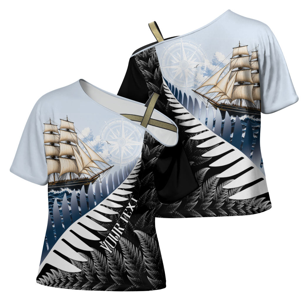 Personalised New Zealand Pakeha Cross Shoulder Shirt Kiwi Silver Fern and Sailing Ship Compass LT14 - Polynesian Pride