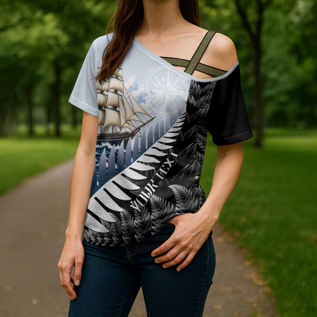 Personalised New Zealand Pakeha Cross Shoulder Shirt Kiwi Silver Fern and Sailing Ship Compass LT14 - Polynesian Pride