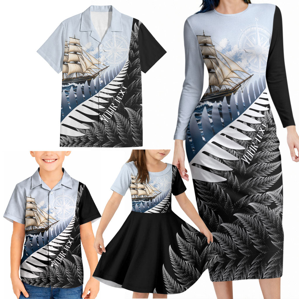 Personalised New Zealand Pakeha Family Matching Long Sleeve Bodycon Dress and Hawaiian Shirt Kiwi Silver Fern and Sailing Ship Compass LT14 - Polynesian Pride