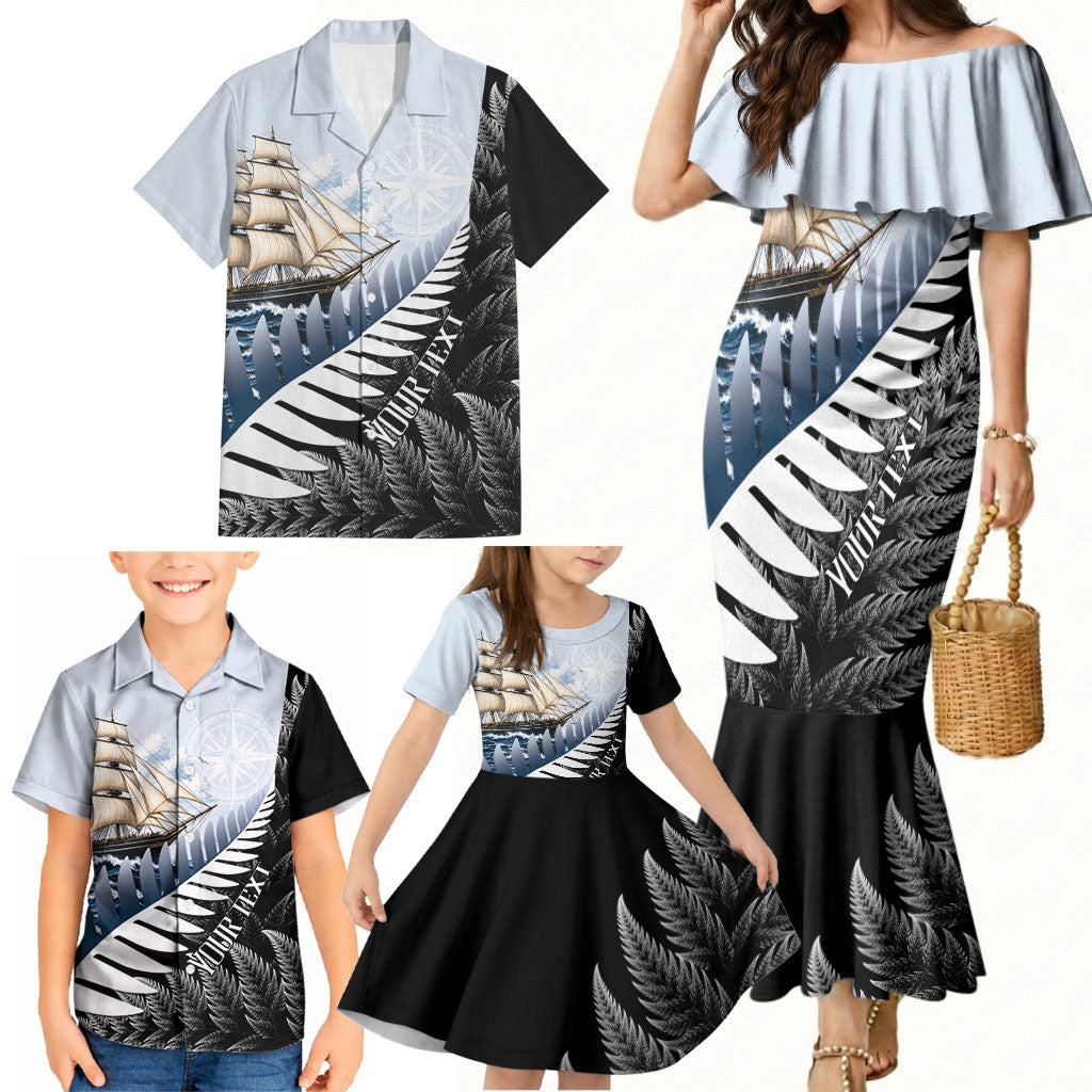Personalised New Zealand Pakeha Family Matching Mermaid Dress and Hawaiian Shirt Kiwi Silver Fern and Sailing Ship Compass LT14 - Polynesian Pride