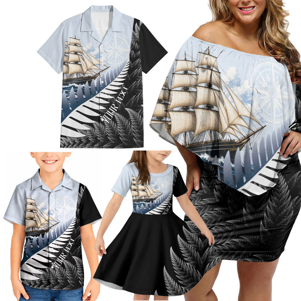 Personalised New Zealand Pakeha Family Matching Off Shoulder Short Dress and Hawaiian Shirt Kiwi Silver Fern and Sailing Ship Compass LT14 - Polynesian Pride