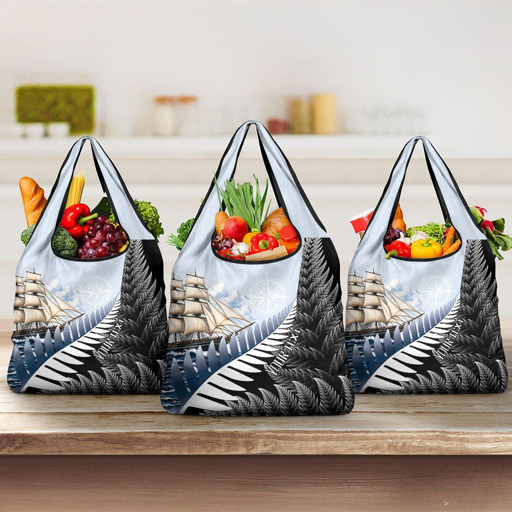 Personalised New Zealand Pakeha Grocery Bag Kiwi Silver Fern and Sailing Ship Compass LT14 3-pack One Size Blue - Polynesian Pride