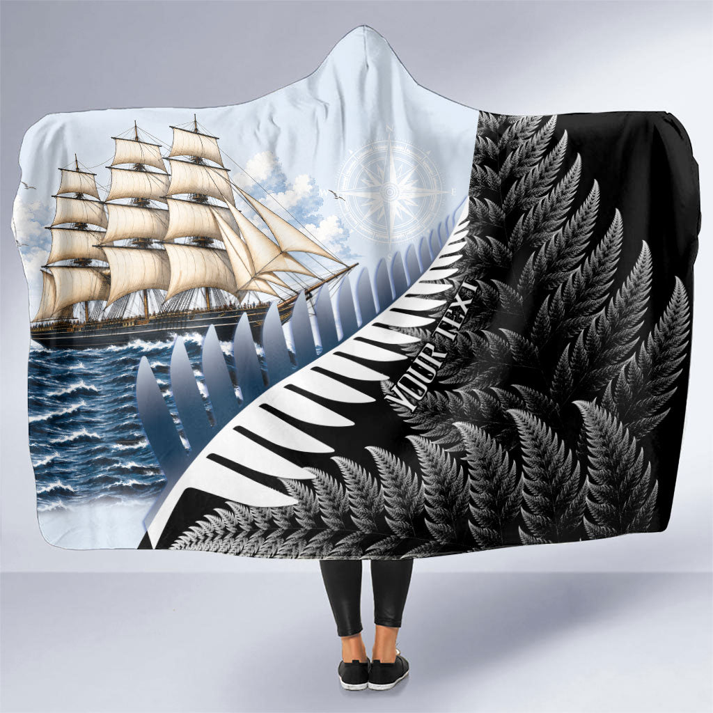 Personalised New Zealand Pakeha Hooded Blanket Kiwi Silver Fern and Sailing Ship Compass LT14 One Size Blue - Polynesian Pride