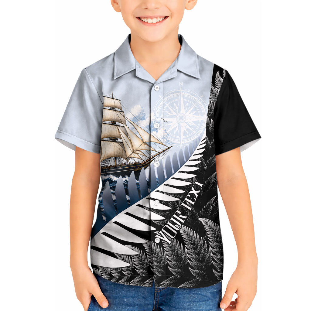 Personalised New Zealand Pakeha Kid Hawaiian Shirt Kiwi Silver Fern and Sailing Ship Compass LT14 Kid Blue - Polynesian Pride