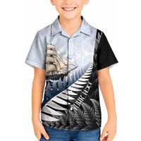Personalised New Zealand Pakeha Kid Hawaiian Shirt Kiwi Silver Fern and Sailing Ship Compass LT14 Kid Blue - Polynesian Pride