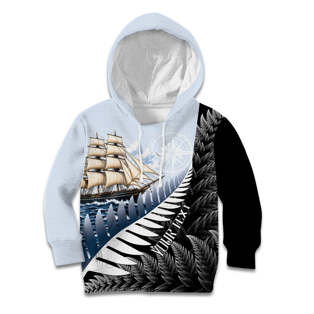 Personalised New Zealand Pakeha Kid Hoodie Kiwi Silver Fern and Sailing Ship Compass LT14 Hoodie Blue - Polynesian Pride