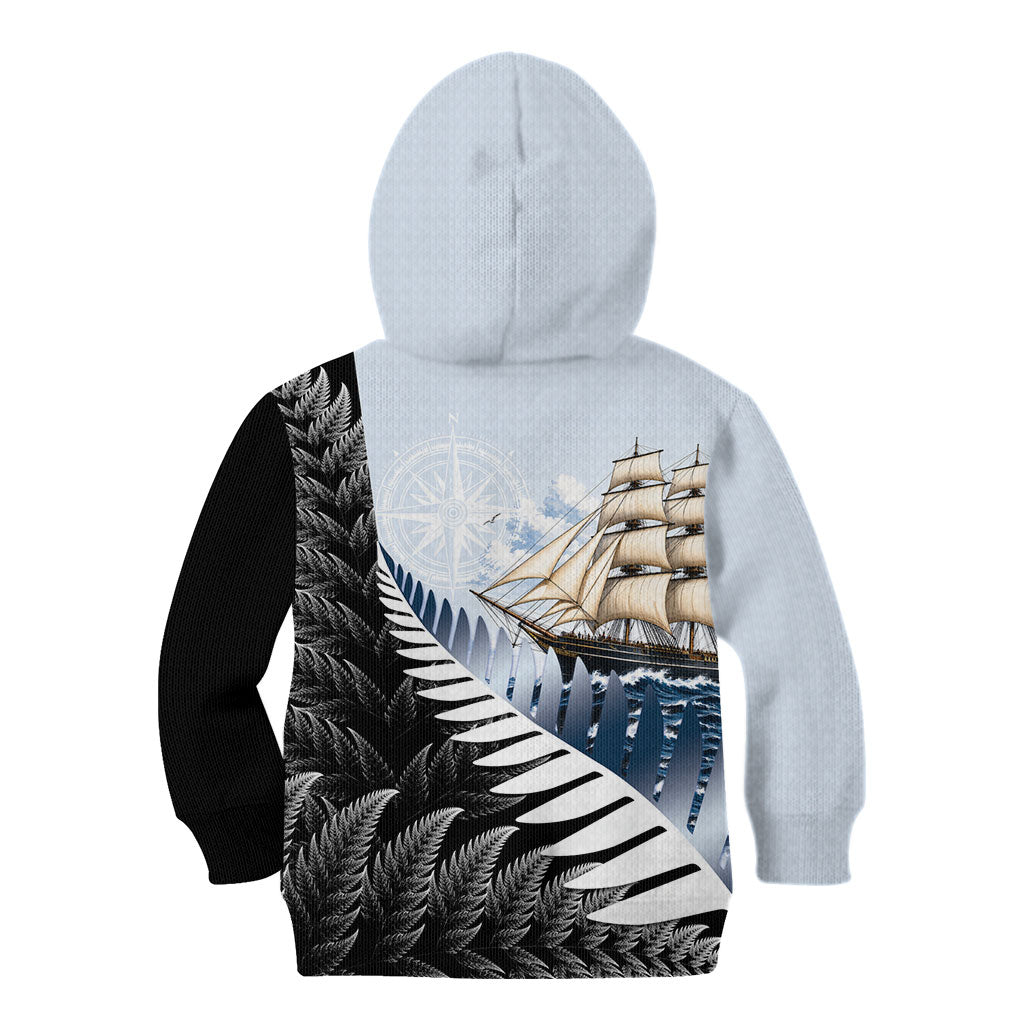 Personalised New Zealand Pakeha Kid Hoodie Kiwi Silver Fern and Sailing Ship Compass LT14 - Polynesian Pride