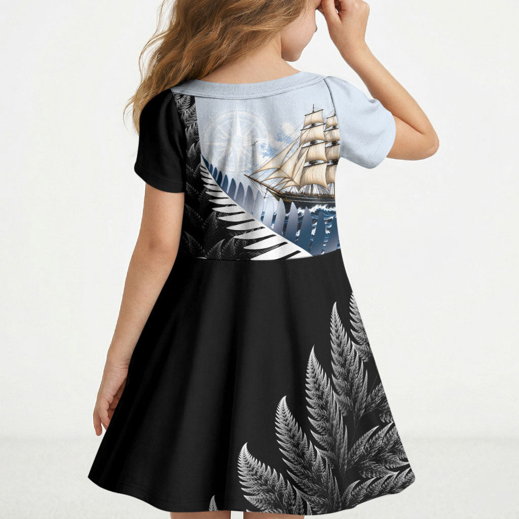 Personalised New Zealand Pakeha Kid Short Sleeve Dress Kiwi Silver Fern and Sailing Ship Compass LT14 - Polynesian Pride