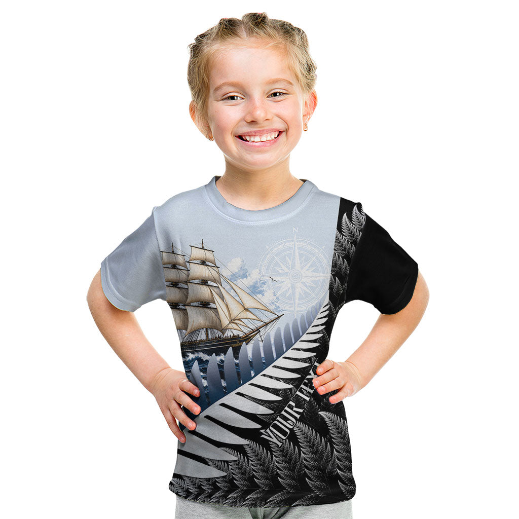 Personalised New Zealand Pakeha Kid T Shirt Kiwi Silver Fern and Sailing Ship Compass LT14 Blue - Polynesian Pride