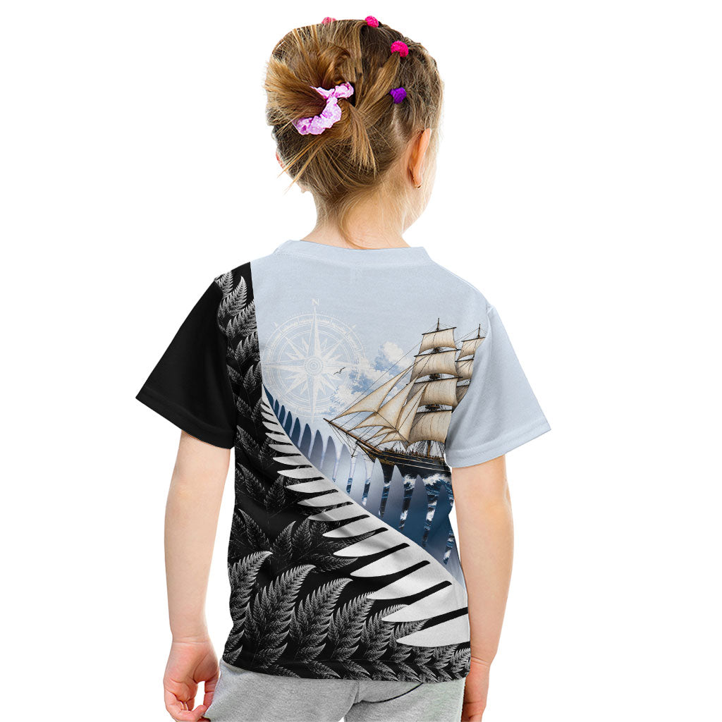 Personalised New Zealand Pakeha Kid T Shirt Kiwi Silver Fern and Sailing Ship Compass LT14 - Polynesian Pride