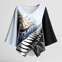 Personalised New Zealand Pakeha Kimono Sleeve Blouse Kiwi Silver Fern and Sailing Ship Compass LT14 Female Blue - Polynesian Pride