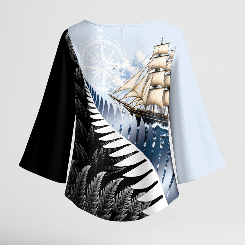 Personalised New Zealand Pakeha Kimono Sleeve Blouse Kiwi Silver Fern and Sailing Ship Compass LT14 - Polynesian Pride