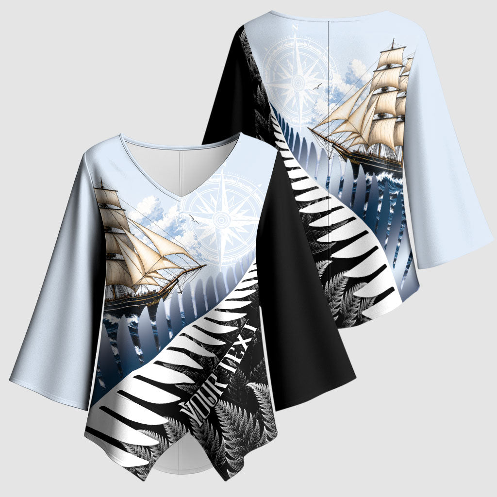 Personalised New Zealand Pakeha Kimono Sleeve Blouse Kiwi Silver Fern and Sailing Ship Compass LT14 - Polynesian Pride