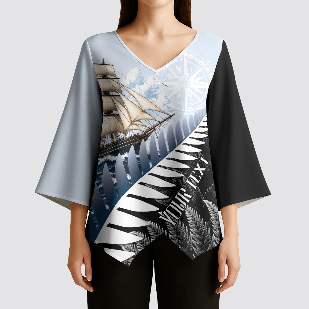 Personalised New Zealand Pakeha Kimono Sleeve Blouse Kiwi Silver Fern and Sailing Ship Compass LT14 - Polynesian Pride