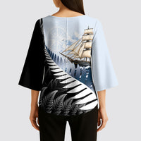 Personalised New Zealand Pakeha Kimono Sleeve Blouse Kiwi Silver Fern and Sailing Ship Compass LT14 - Polynesian Pride