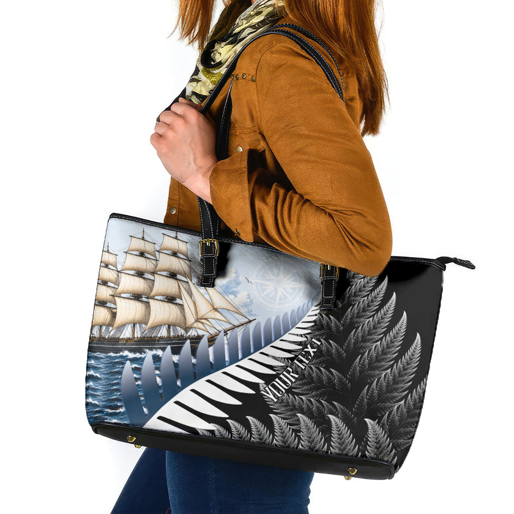 Personalised New Zealand Pakeha Leather Tote Bag Kiwi Silver Fern and Sailing Ship Compass LT14 Blue - Polynesian Pride