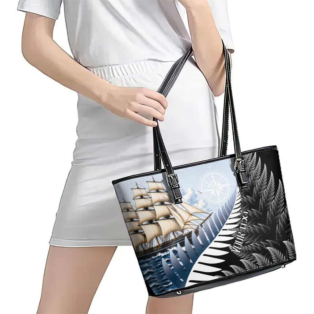 Personalised New Zealand Pakeha Leather Tote Bag Kiwi Silver Fern and Sailing Ship Compass LT14 - Polynesian Pride