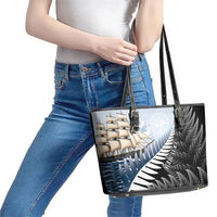 Personalised New Zealand Pakeha Leather Tote Bag Kiwi Silver Fern and Sailing Ship Compass LT14 - Polynesian Pride