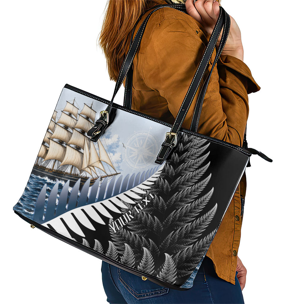 Personalised New Zealand Pakeha Leather Tote Bag Kiwi Silver Fern and Sailing Ship Compass LT14 - Polynesian Pride