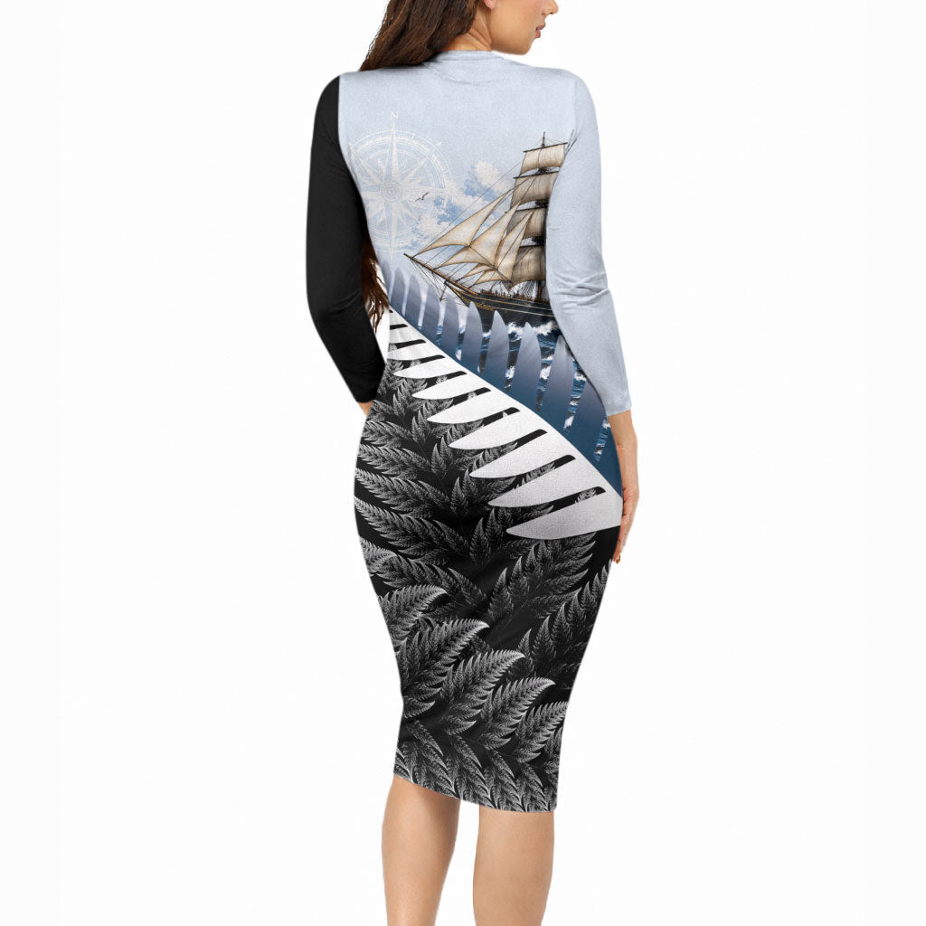 Personalised New Zealand Pakeha Long Sleeve Bodycon Dress Kiwi Silver Fern and Sailing Ship Compass LT14 - Polynesian Pride