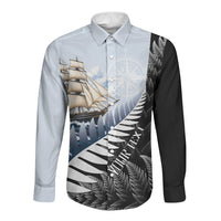 Personalised New Zealand Pakeha Long Sleeve Button Shirt Kiwi Silver Fern and Sailing Ship Compass LT14 Unisex Blue - Polynesian Pride
