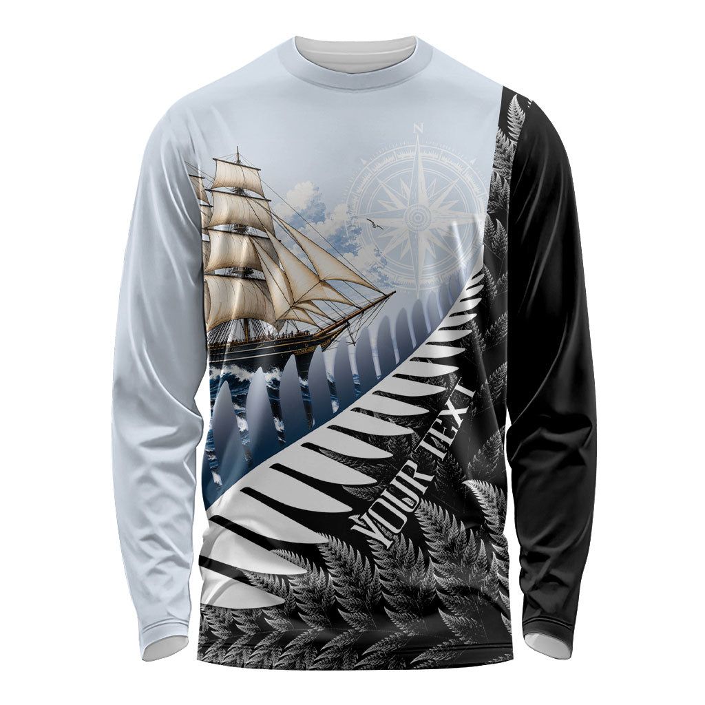 Personalised New Zealand Pakeha Long Sleeve Shirt Kiwi Silver Fern and Sailing Ship Compass LT14 Unisex Blue - Polynesian Pride