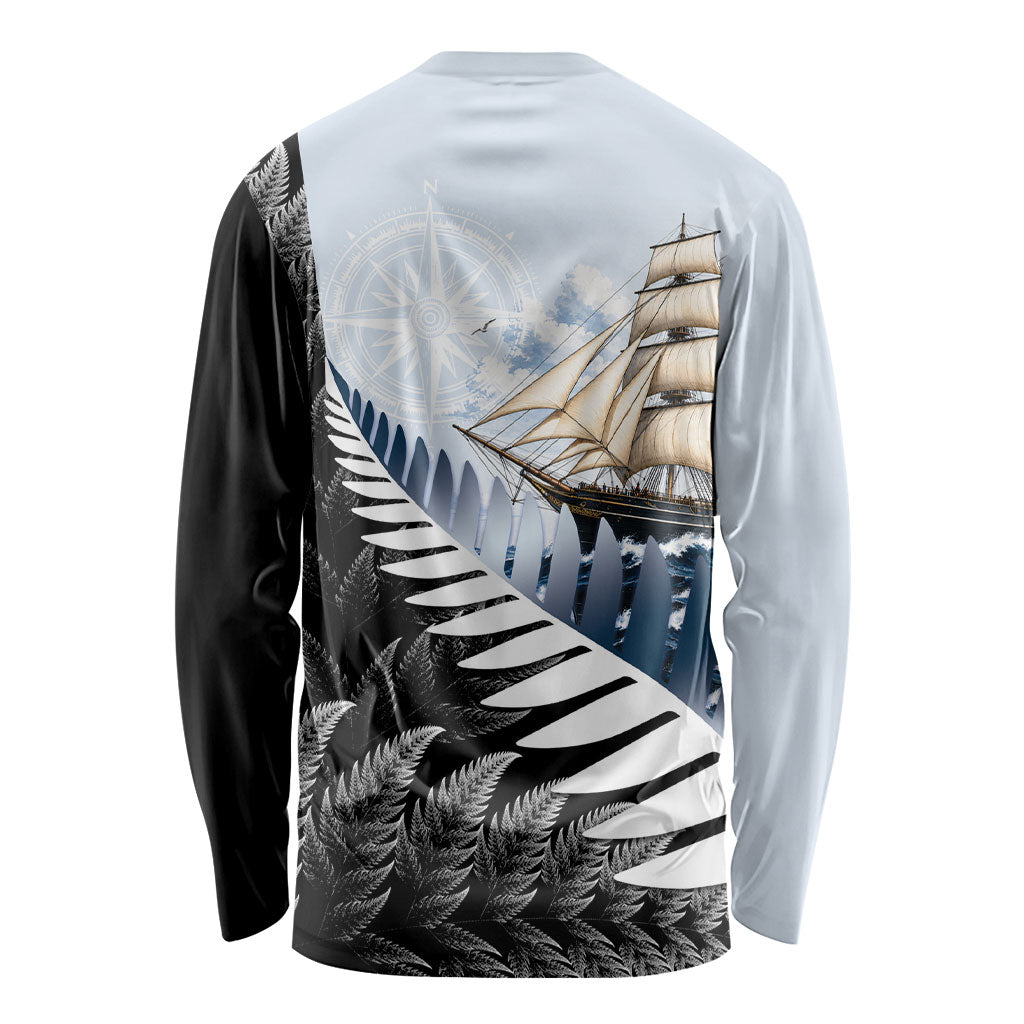 Personalised New Zealand Pakeha Long Sleeve Shirt Kiwi Silver Fern and Sailing Ship Compass LT14 - Polynesian Pride