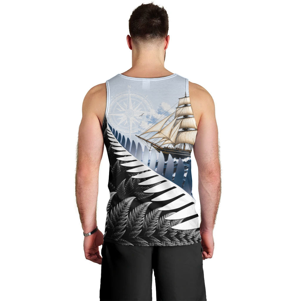 Personalised New Zealand Pakeha Men Tank Top Kiwi Silver Fern and Sailing Ship Compass LT14 - Polynesian Pride