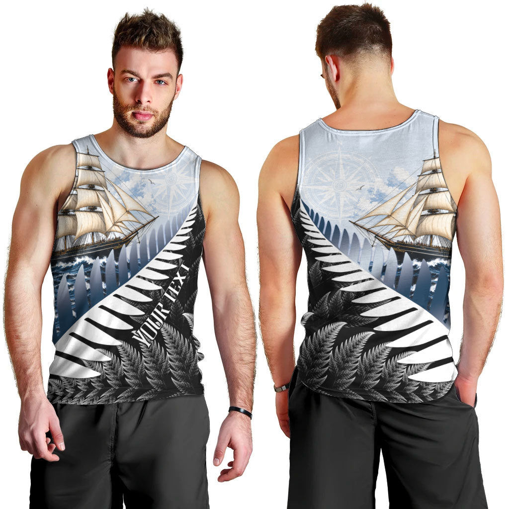 Personalised New Zealand Pakeha Men Tank Top Kiwi Silver Fern and Sailing Ship Compass LT14 - Polynesian Pride