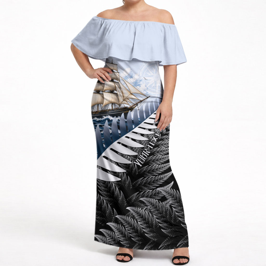Personalised New Zealand Pakeha Off Shoulder Maxi Dress Kiwi Silver Fern and Sailing Ship Compass LT14 Women Blue - Polynesian Pride