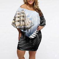 Personalised New Zealand Pakeha Off Shoulder Short Dress Kiwi Silver Fern and Sailing Ship Compass LT14 Women Blue - Polynesian Pride