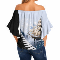 Personalised New Zealand Pakeha Off Shoulder Wrap Waist Top Kiwi Silver Fern and Sailing Ship Compass LT14 - Polynesian Pride
