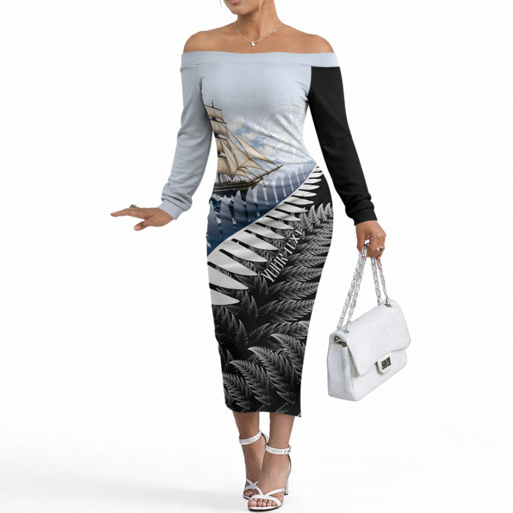 Personalised New Zealand Pakeha Off The Shoulder Long Sleeve Dress Kiwi Silver Fern and Sailing Ship Compass LT14 Women Blue - Polynesian Pride