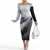 Personalised New Zealand Pakeha Off The Shoulder Long Sleeve Dress Kiwi Silver Fern and Sailing Ship Compass LT14 Women Blue - Polynesian Pride