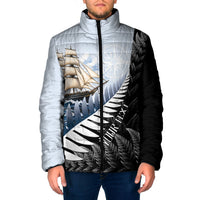 Personalised New Zealand Pakeha Padded Jacket Kiwi Silver Fern and Sailing Ship Compass LT14 Men Blue - Polynesian Pride