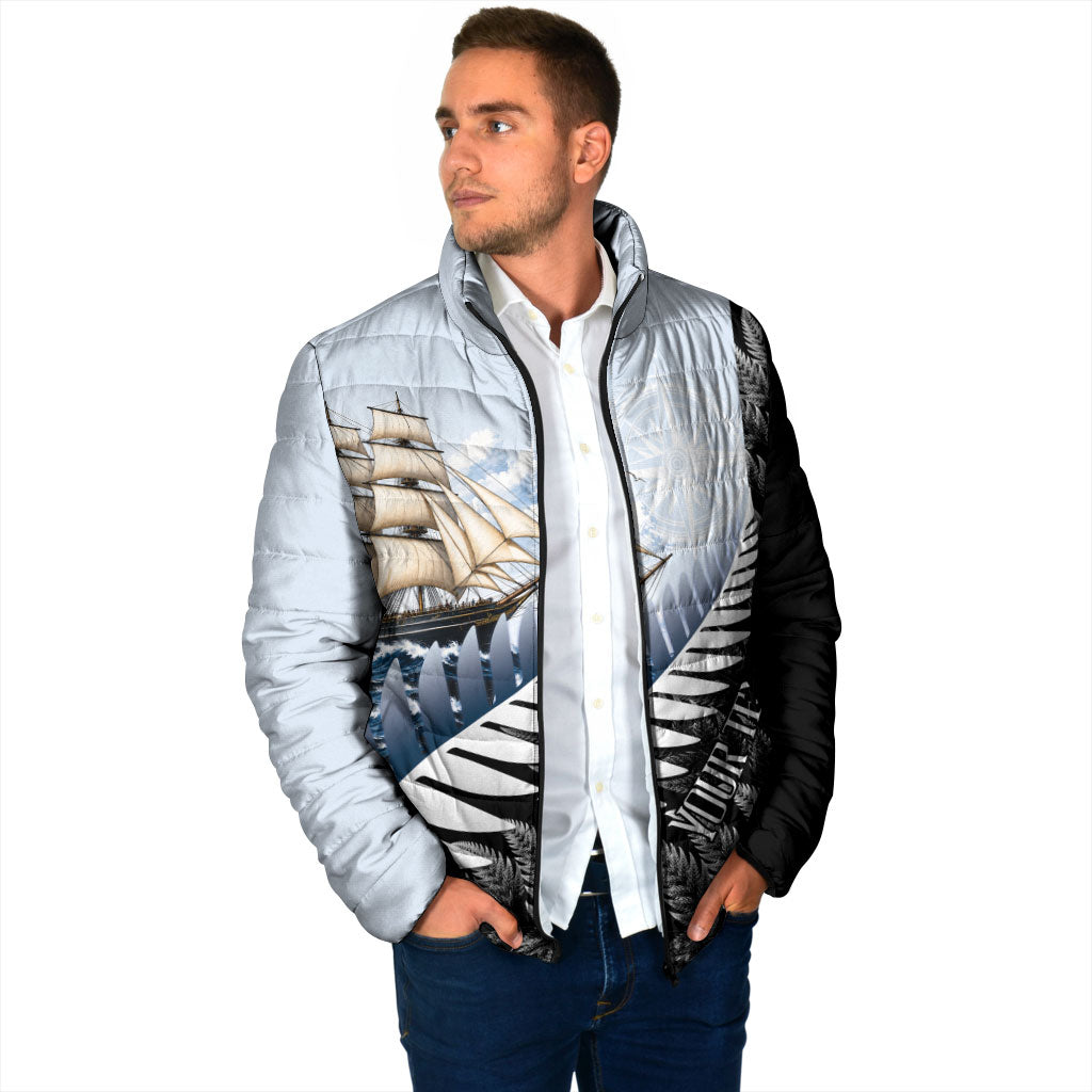 Personalised New Zealand Pakeha Padded Jacket Kiwi Silver Fern and Sailing Ship Compass LT14 - Polynesian Pride