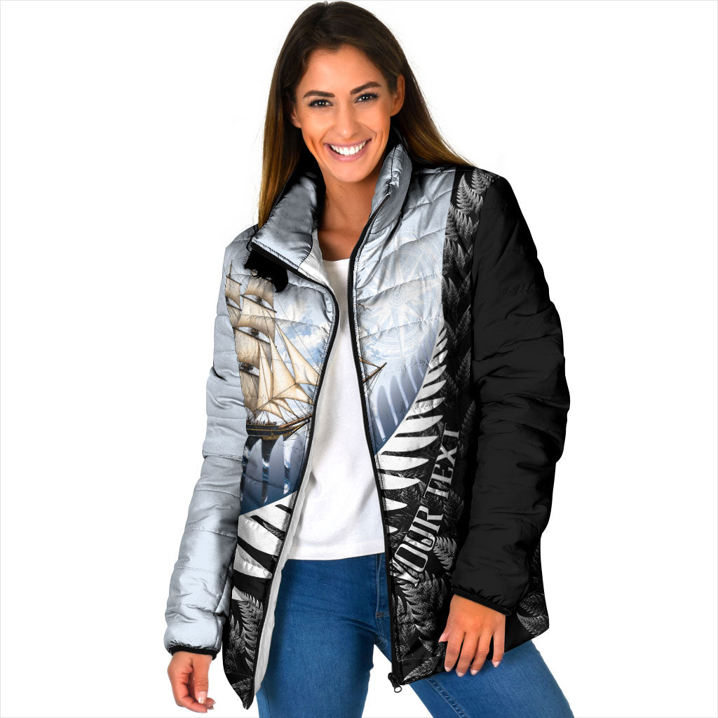 Personalised New Zealand Pakeha Padded Jacket Kiwi Silver Fern and Sailing Ship Compass LT14 Women Blue - Polynesian Pride