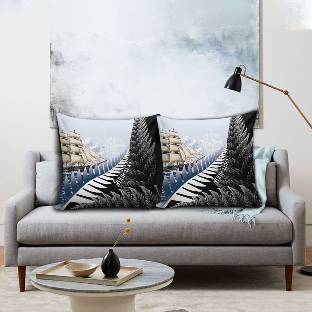 Personalised New Zealand Pakeha Pillow Cover Kiwi Silver Fern and Sailing Ship Compass LT14 - Polynesian Pride